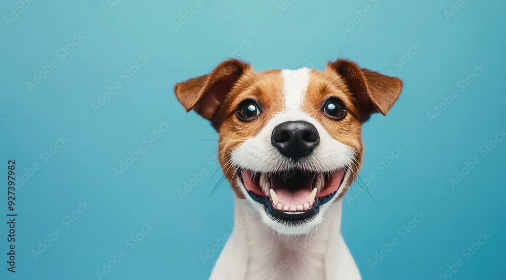 A happy Jack Russell Terrier dog smiling with an open mouth on a light blue background
A happy Jack Russell Terrier dog smiling with an open mouth on a light blue background