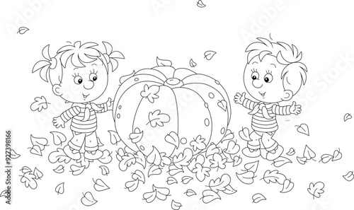 Funny little girl and boy with a large round orange pumpkin among fallen leaves in an autumn garden, black and white vector cartoon illustration for a coloring book page photo