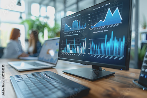 Businessmen sit in a meeting and analyze profits with graphs displayed on a screen in the office.