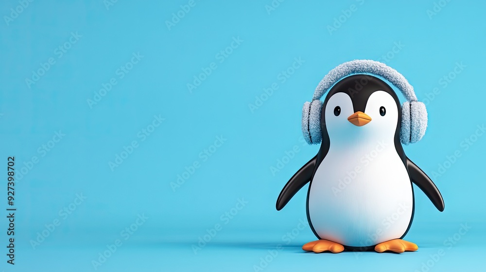 Obraz premium A cartoon penguin with earmuffs on a blue background, with space for Christmas greetings.