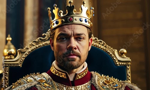 a king with a golden crown on his head, sitting on a throne, looking dashing and authoritative.