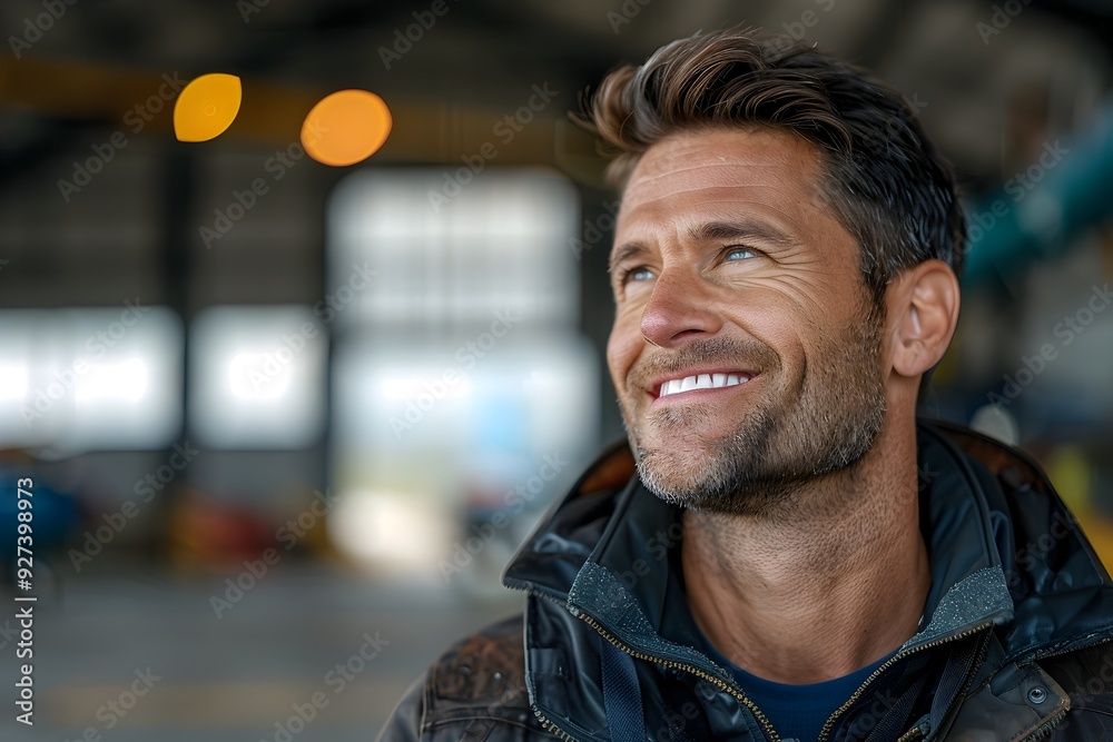 Obraz premium Cheerful Aviator Enjoying Moment in Hangar Setting