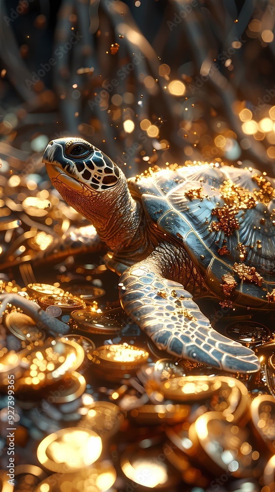 Naklejka premium Digital gold coin turtle dream scene poster background
