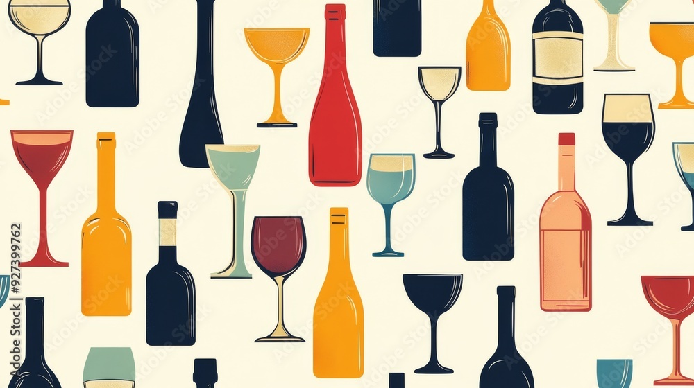 Pattern featuring silhouettes of bottles and glasses in a seamless design. Simple abstract print. Vector graphics. Pattern featuring silhouettes of bottles and glasses in a seamless design. Simple abstract print. Vector graphics.