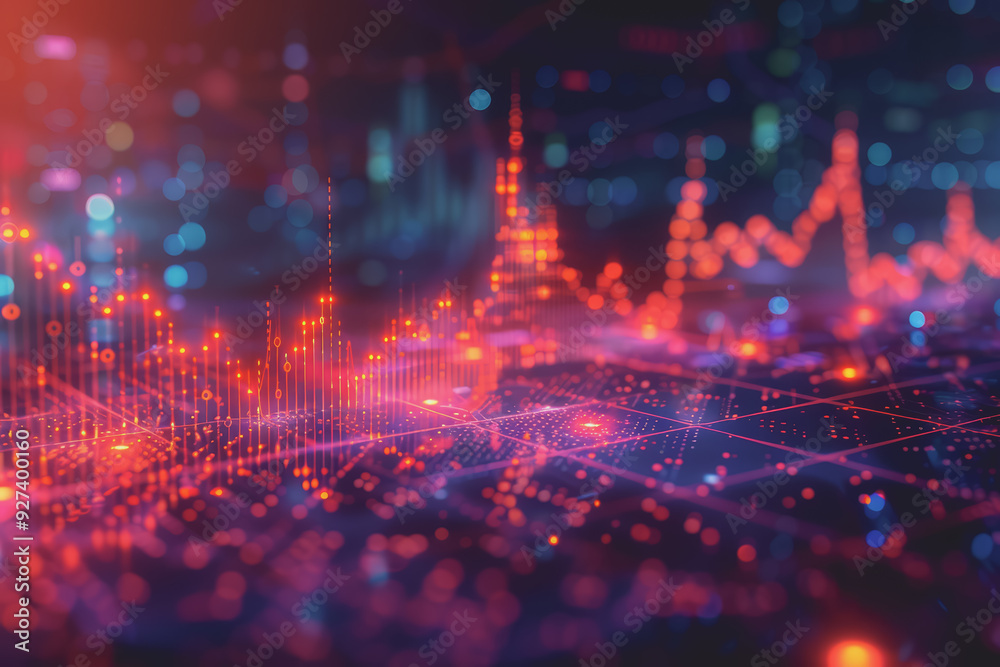Stock market chart lines and financial graphs on technology abstract background
