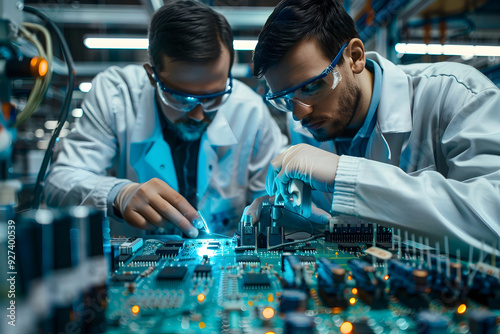 Highly Specialized Semiconductor Lab with Engineers Examining Intricate Microchips Showcasing Cutting Edge Technology and Scientific Processes photo