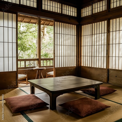 Generate a serene Japanese tatami room with traditional sliding shoji screens, a low wooden table, and floor cushions. Feature natural materials and a minimalist approach to decor.