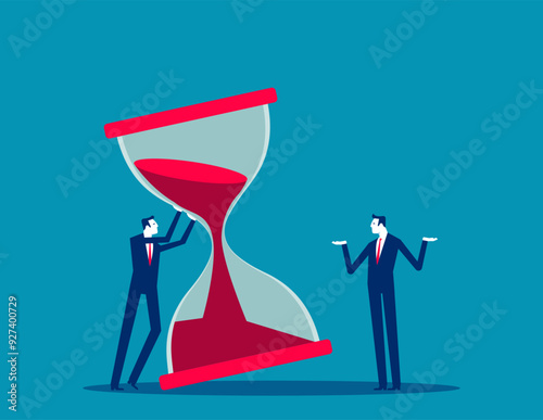 Time management concept. Nervous entrepreneur trying to stop hourglass or sandglass before it fall. Project deadline, running out of time. Flat vector illustration.