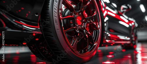 A close up of a car's tire with a red rim