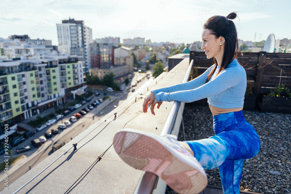 Φωτογραφία Sports, fitness and yoga woman stretching on a city building rooftop, healthy and motivated