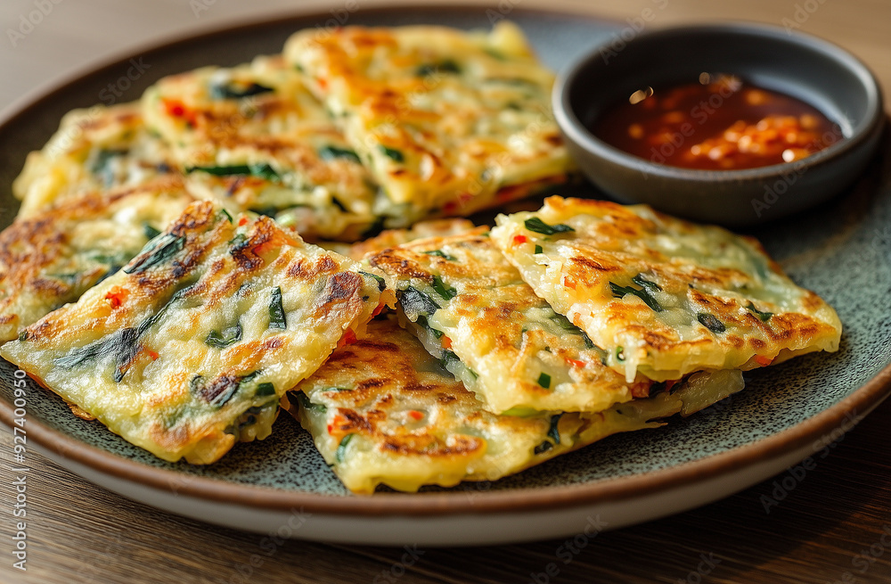 Korean pancakes and soy sauce on a plate Korean pancakes and soy sauce on a plate