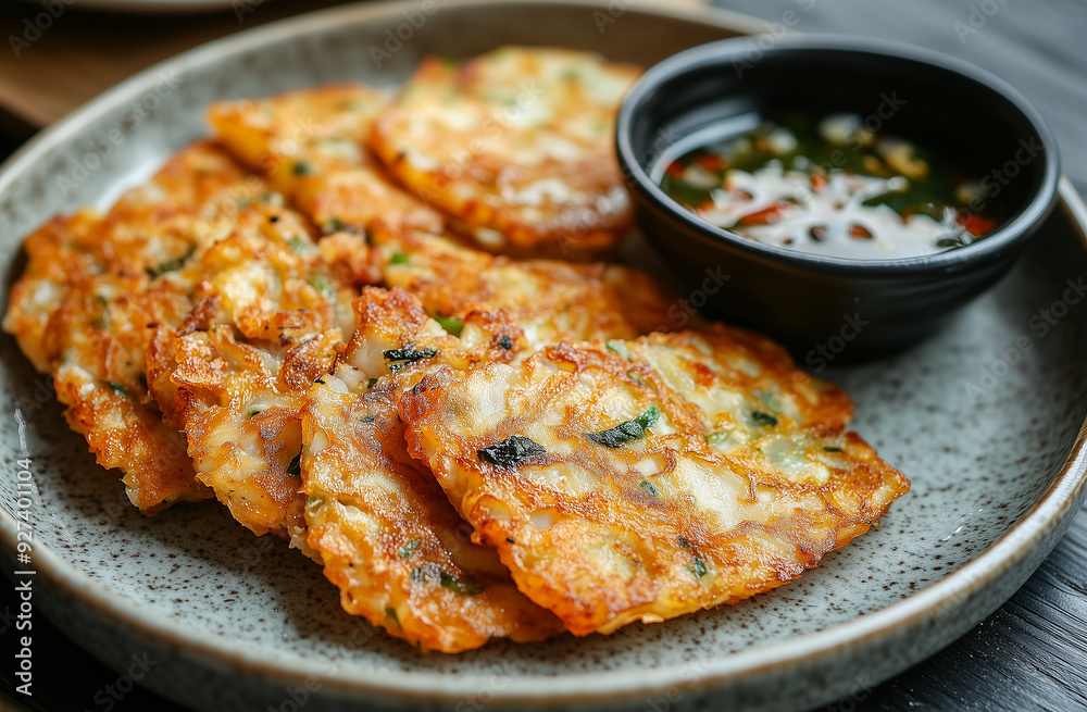 Korean pancakes and soy sauce on a plate