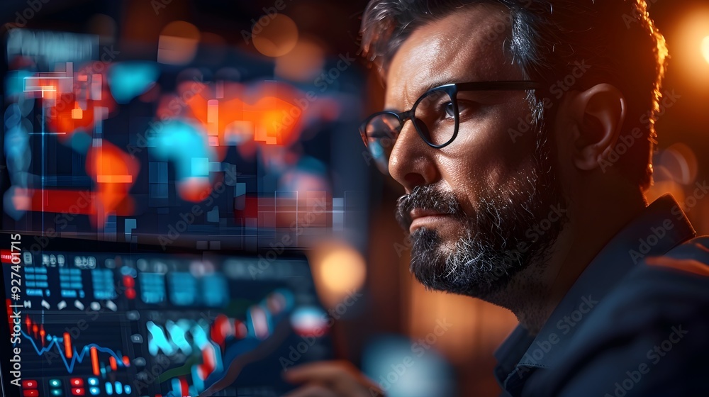 Businessperson Intently Studying Financial Data on Laptop in Late Night Office Businessperson Intently Studying Financial Data on Laptop in Late Night Office