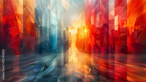 Vibrant Geometric Urban Cityscape with Dynamic Polygon Shapes and Mesmerizing Color Palette in Digital Art Style