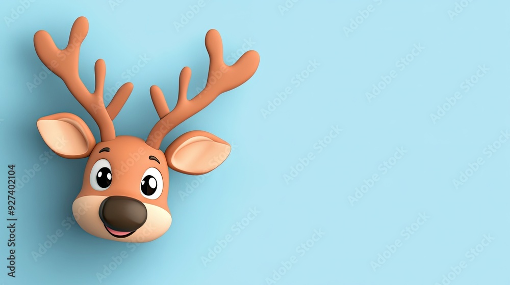 A cute cartoon reindeer peeking from the side on a blue background, with space for text. A cute cartoon reindeer peeking from the side on a blue background, with space for text.