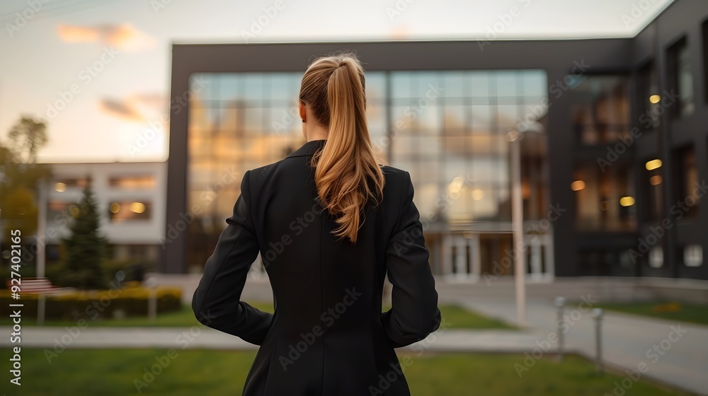 Confident Business Woman Overlooking Urban Skyline at Sunset Confident Business Woman Overlooking Urban Skyline at Sunset