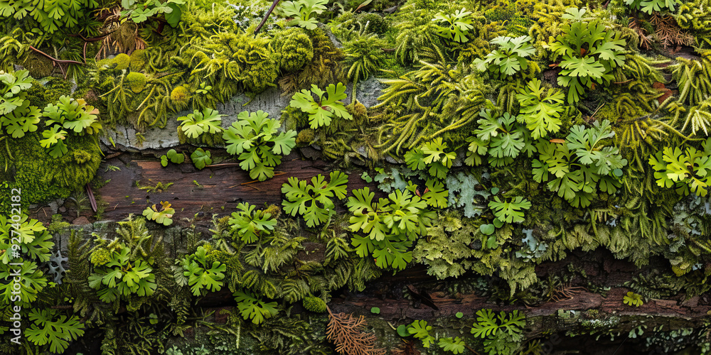 Moss-covered fallen tree in a dense forest with lush green surroundings Moss-covered fallen tree in a dense forest with lush green surroundings