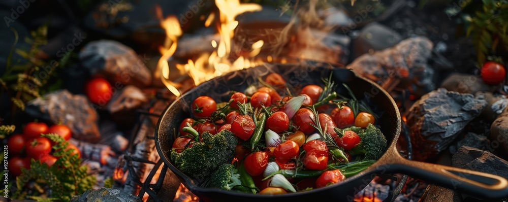A cast iron skillet filled with fresh vegetables cooking over a campfire, surrounded by rocks and greenery in an outdoor setting.