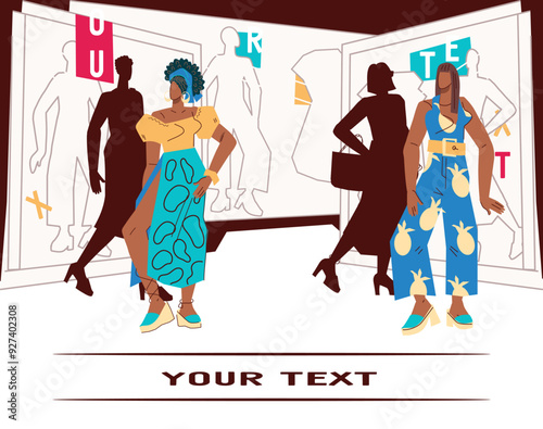 Fashion sale banner design, flat vector illustration isolated on white. Banner or poster template with female shoppers, fashion boutique customers.