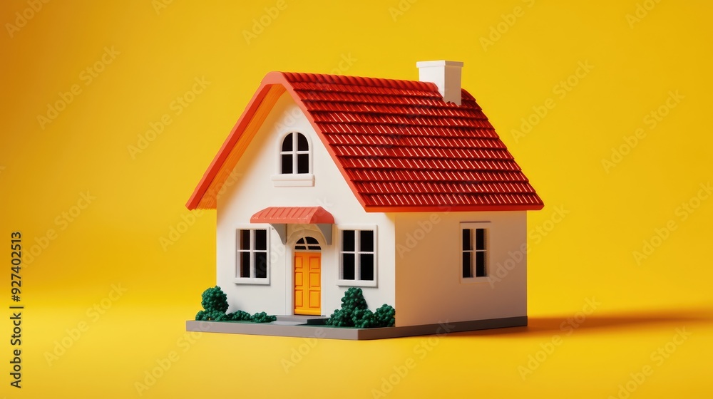 A cute dollhouse with a red roof on an orange background, perfect for a toy collection. A cute dollhouse with a red roof on an orange background, perfect for a toy collection.