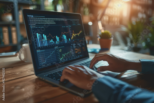 business man hand working on laptop computer financial with graphic graph chart diagram