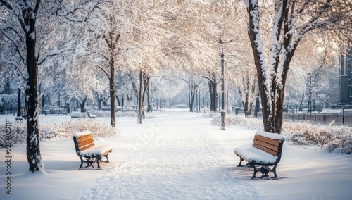 Snowy Winter Park Path with Benches and Tree-Lined Walkway at Sunrise