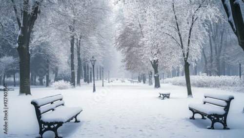 Snowy Winter Wonderland Park with Snow-Covered Benches and Trees