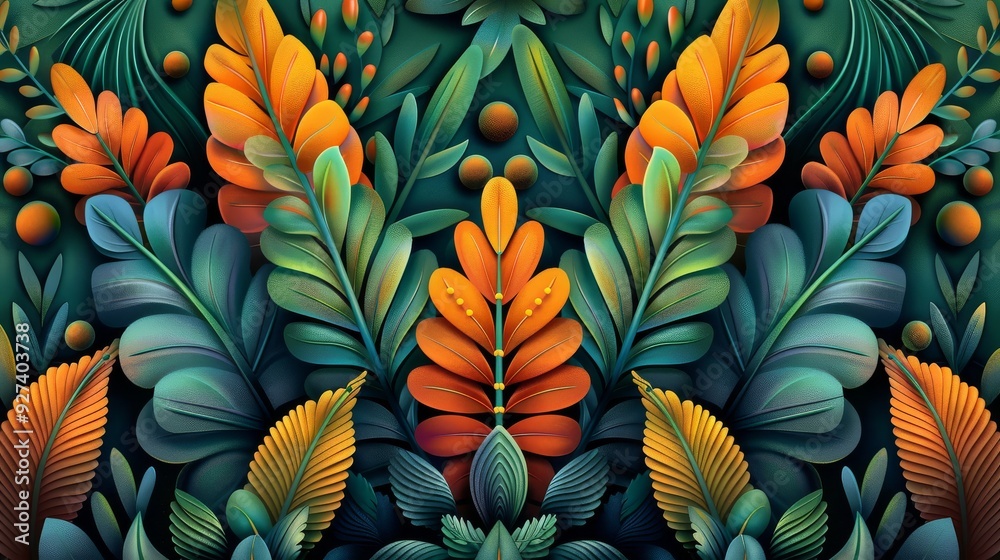 Intricate abstract floral design with vibrant orange and green leaves, creating a symmetrical and lush pattern, perfect for decorative purposes.