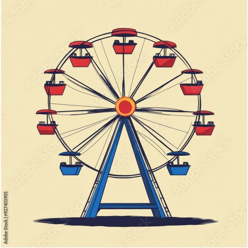 A hand-drawn illustration of a ferris wheel with a blue frame and red cabins against a beige background.