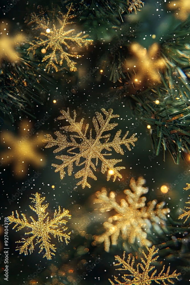 Fototapeta premium Golden snowflakes sparkle against a dark green pine background during the winter holiday season