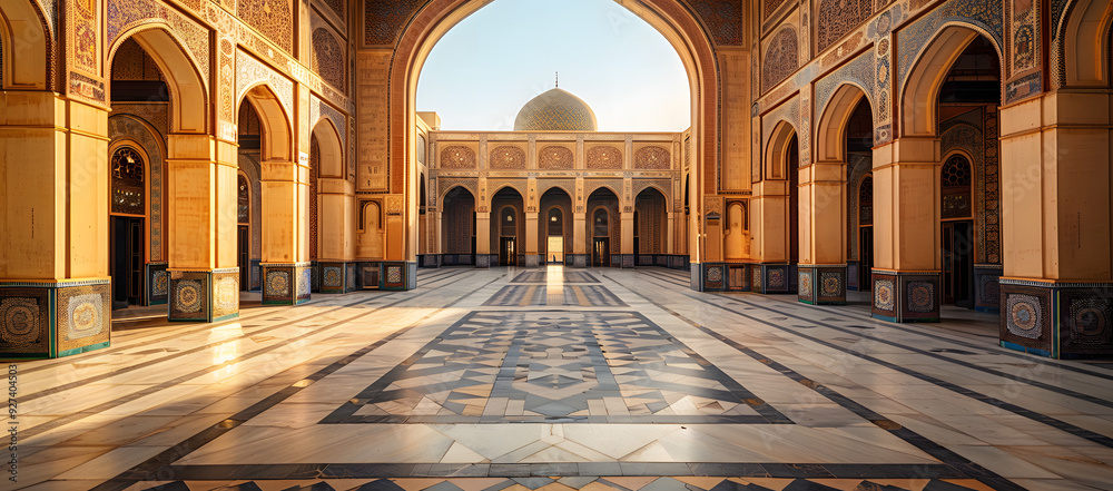 Obraz premium Serene Mosque Courtyard with Intricate Geometric Tile Patterns and Arched Doorways Bathed in Warm Sunlight. Gentle Shadows Create a Peaceful and Reflective Atmosphere Ideal for Cultural Presentations