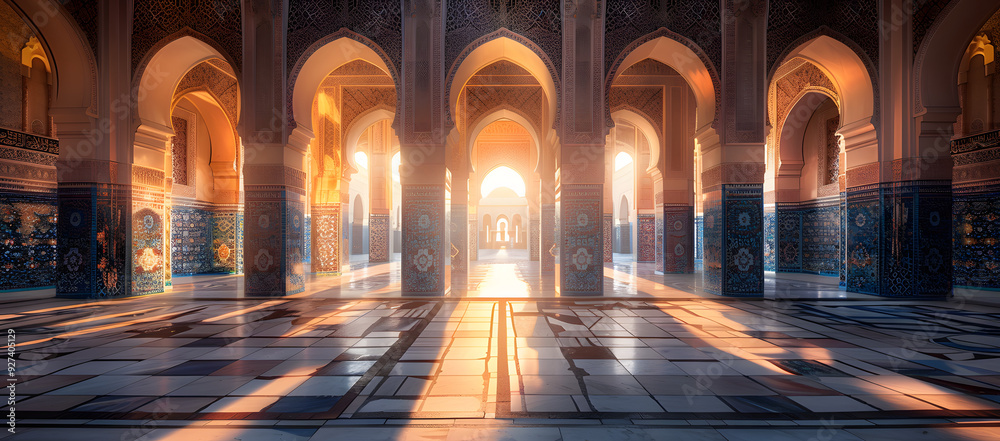 Serene Mosque Courtyard with Intricate Geometric Tile Patterns and Arched Doorways Bathed in Warm Sunlight. Gentle Shadows Create a Peaceful and Reflective Atmosphere Ideal for Cultural Presentations Serene Mosque Courtyard with Intricate Geometric Tile Patterns and Arched Doorways Bathed in Warm Sunlight. Gentle Shadows Create a Peaceful and Reflective Atmosphere Ideal for Cultural Presentations