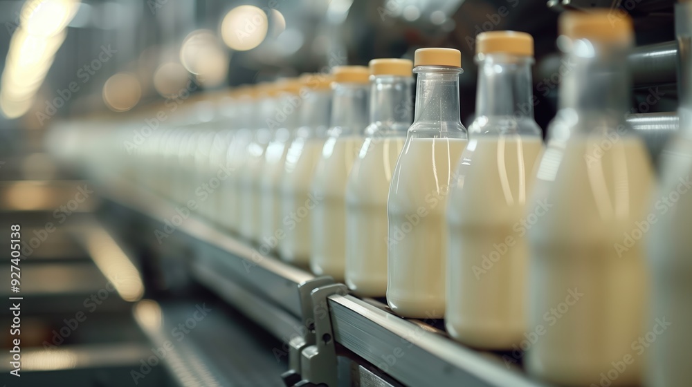 Modern Dairy Production Line with Milk Bottles on Conveyor Belt in Factory Setting Modern Dairy Production Line with Milk Bottles on Conveyor Belt in Factory Setting
