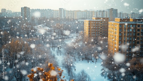 Urban Winter Landscape with Falling Snow and Apartment Buildings in the Background photo