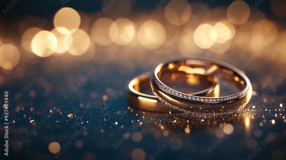 A lovely set of wedding rings with a happy glow on a dark background that sparkles. A lovely set of wedding rings with a happy glow on a dark background that sparkles.