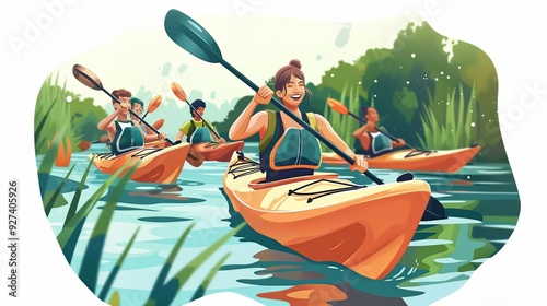 Group of friends paddling together on a summer kayak trip along a beautiful river, outdoor water sports activities on white background
