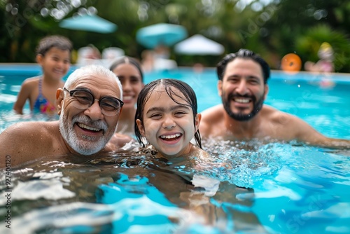Hispanic Latino multigenerational family having fun in outdoor summer swimming pool smiling