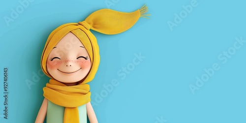 Illustration happy child cancer patient wearing yellow head scarf on blue background, Childhood Cancer Awareness Month, copy space banner