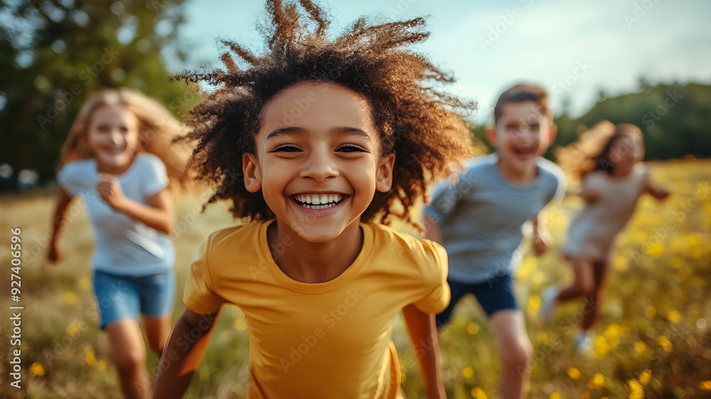 Joyful Children Playing Outdoors Running Smiling Laughing Together Sunshine Nature
