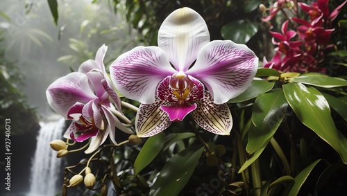 Pink and white orchids are in a lush, green rainforest setting, 