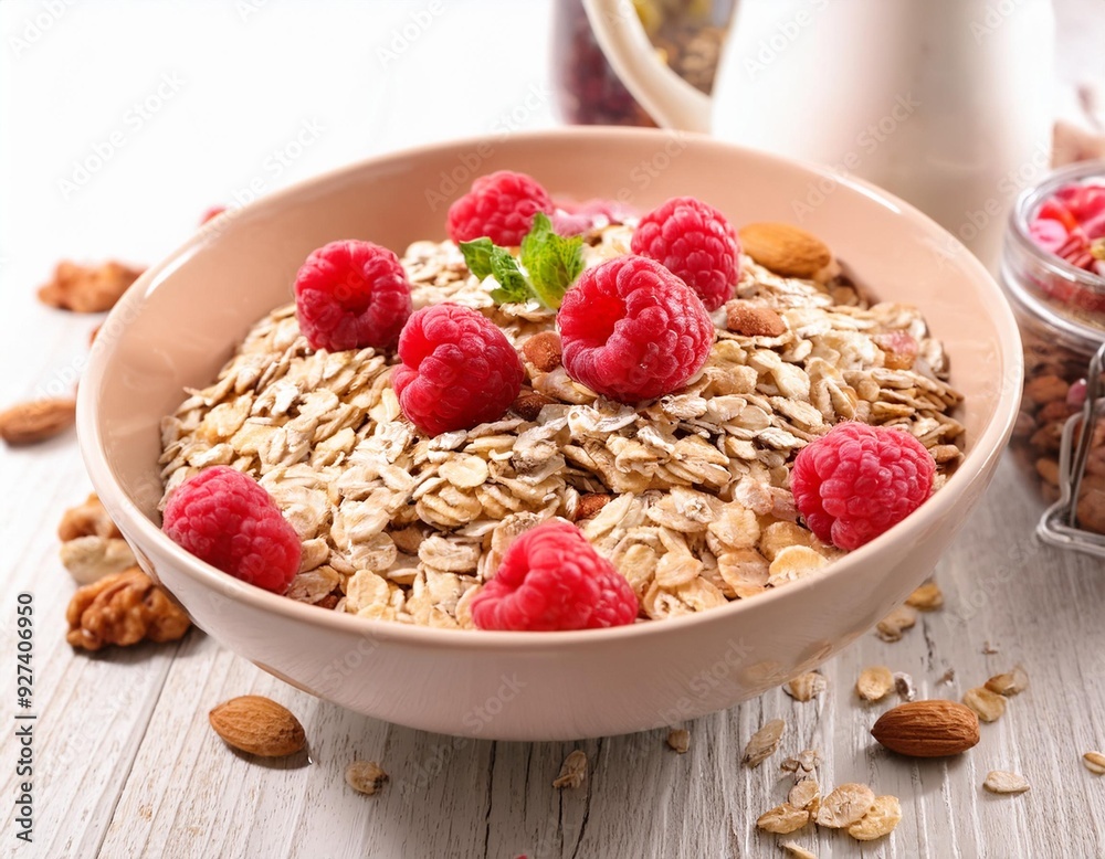 Muesli with oats, raspberries and nuts Muesli with oats, raspberries and nuts