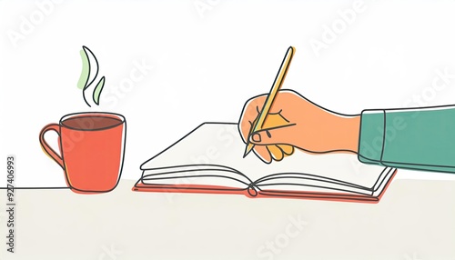 continuous line drawing of hand gesture writing on an open book beside a cup of coffe