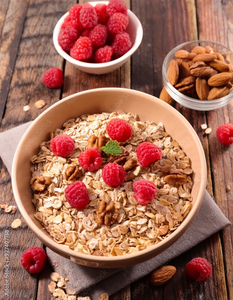 Muesli with oats, raspberries and nuts