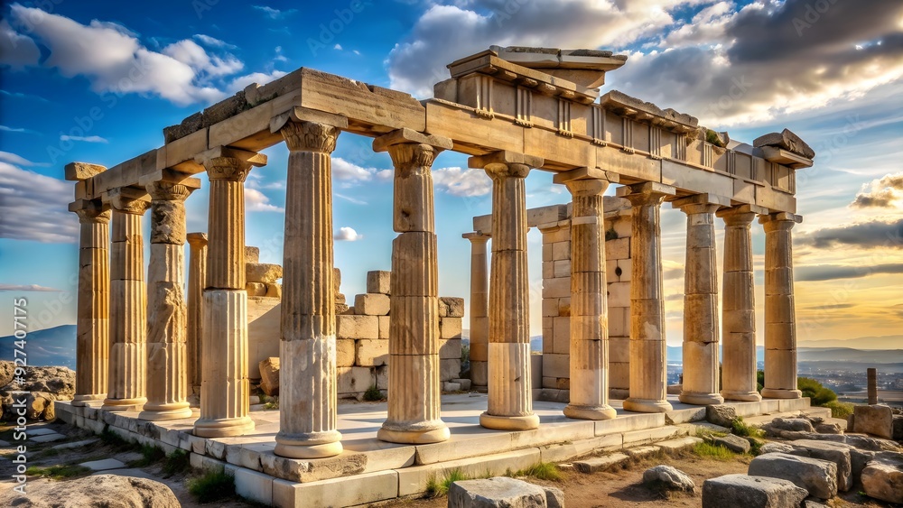 Ruins of an ancient Greek temple with columns and statues, ruins ...