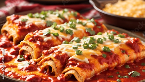 Enchiladas, covered in red sauce, cheese, and a sprinkle of cilantro, 