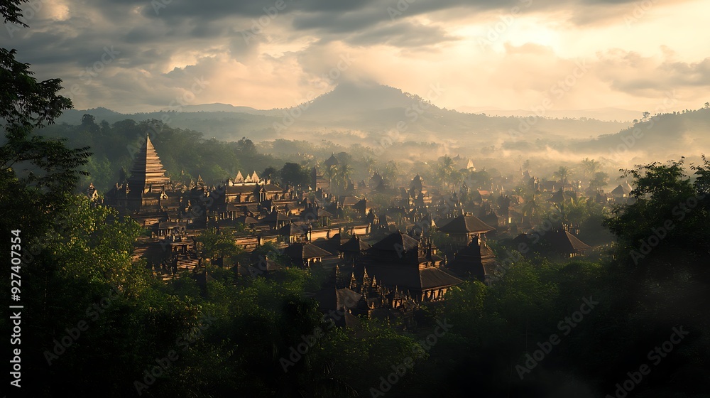 Fototapeta premium A misty sunrise illuminates a cluster of ancient temple structures nestled amongst lush green foliage, revealing intricate carvings and majestic towers.