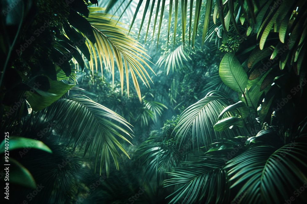 A dense, misty rainforest with lush green foliage and beams of sunlight filtering through the canopy. A dense, misty rainforest with lush green foliage and beams of sunlight filtering through the canopy.