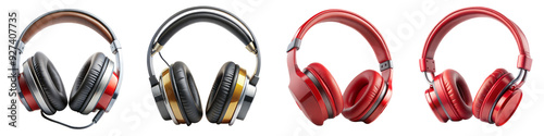 Collection of four modern headphones in different colors on a transparent background, showcasing sleek design and vibrant color options for music lovers and audio enthusiasts. photo