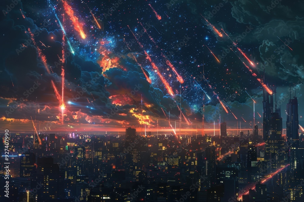 Cityscape with Meteor Shower Cityscape with Meteor Shower