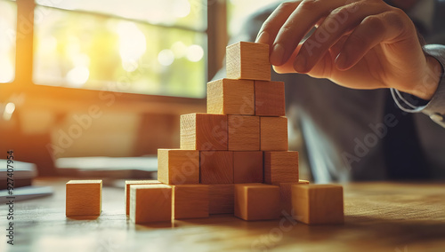 A person skillfully stacking wooden blocks in a bright workspace, symbolizing creativity and strategic planning. photo